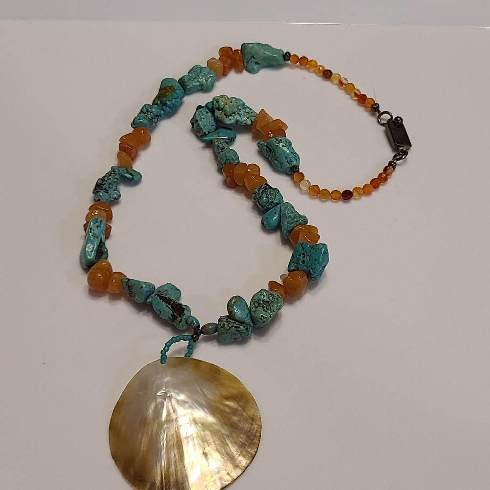 Vintage Turquoise Carnelian 925 Sterling Silver Shell Mexico Vtg Estate Necklace